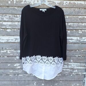 Foxcroft Black Sweater with White Lace Hem Size Medium